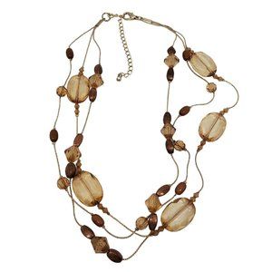 Triple Strand Necklace Plastic Amber Brass Brown Bead Metal Chain 18" Adjustable